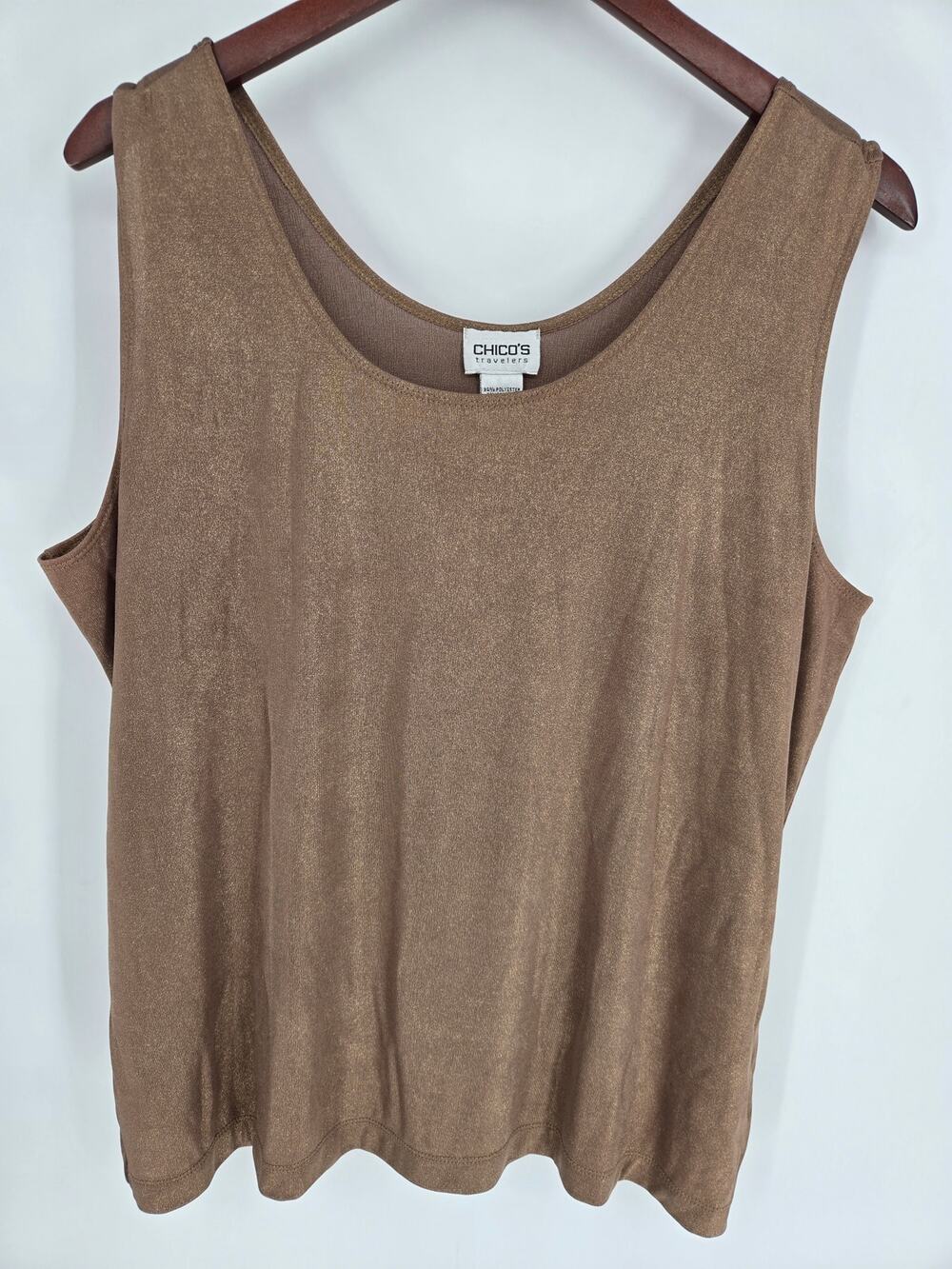 Chico's Travelers Metallic Gold Bronze Shimmer Tank Top Scoop Neck Size 3 XL